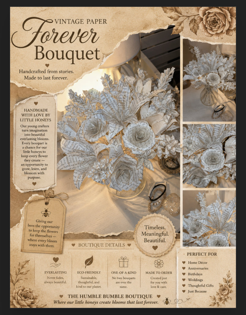 “A forever bouquet handcrafted from recycled paper and wrapped in nostalgic charm.”