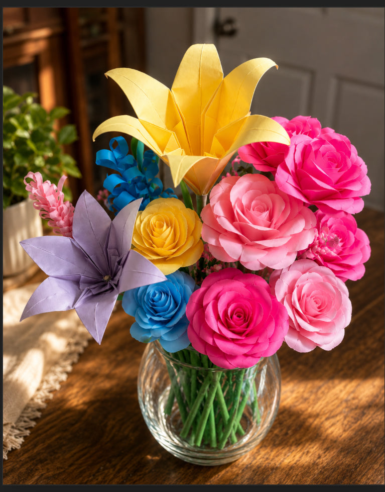 “A forever bouquet handcrafted from recycled paper and wrapped in nostalgic charm.”