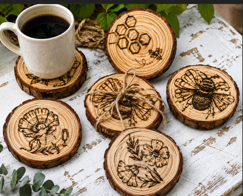 Bumblebee wood coasters – hand burn/S4/natural finish
